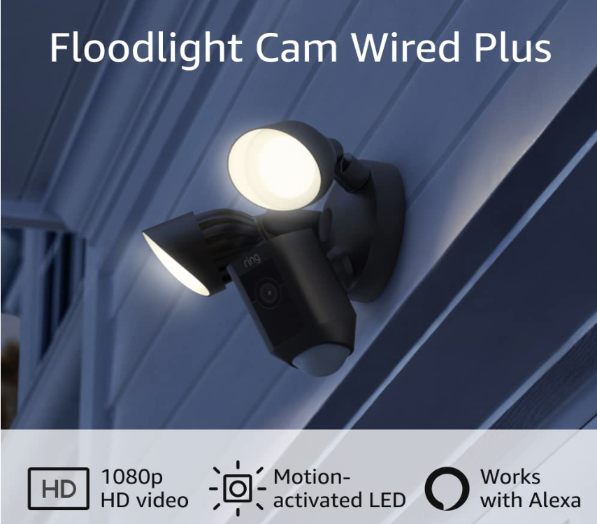 Ring Spotlight Cam Wired: Plugged-in HD security camera with built-in spotlights, two-way talk and a siren alarm, to help prevent home burglaries