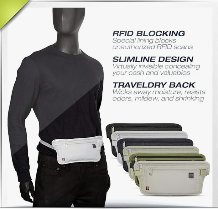 Stop electronic pickpocket with RFID Blocking Money Belt Travel Pouch Waist Stash + Credit Card, Id, Passport Holder 