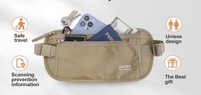 Money Belt - Passport Holder Secure Hidden Travel Wallet with RFID Blocking, to stop pickpockets