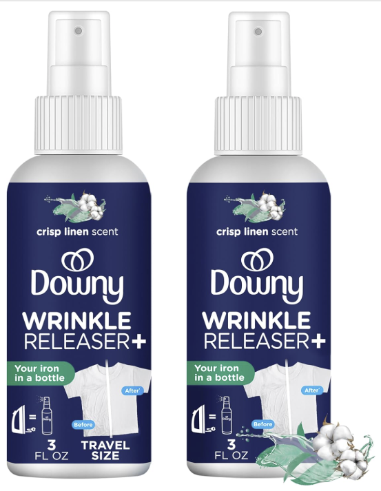 Downy Wrinkle Releaser Spray All In One Wrinkle Release Spray Travel Size, Odor Eliminator, Static Remover Fabric Refresher & Ironing Aid for Clothes. Washing clothes in a hoel sink